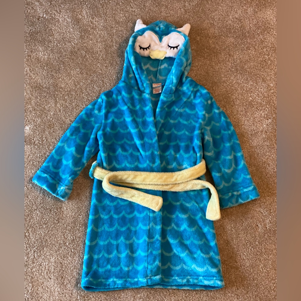 Cat & Jack Blue Owl Hooded Plush Bathrobe XS 4/5